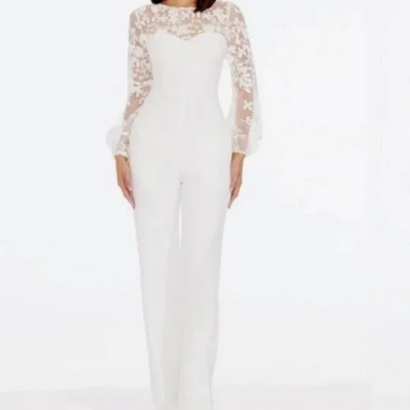 Dress the Population White Mila XS Lace Long Sleeve Jumpsuit